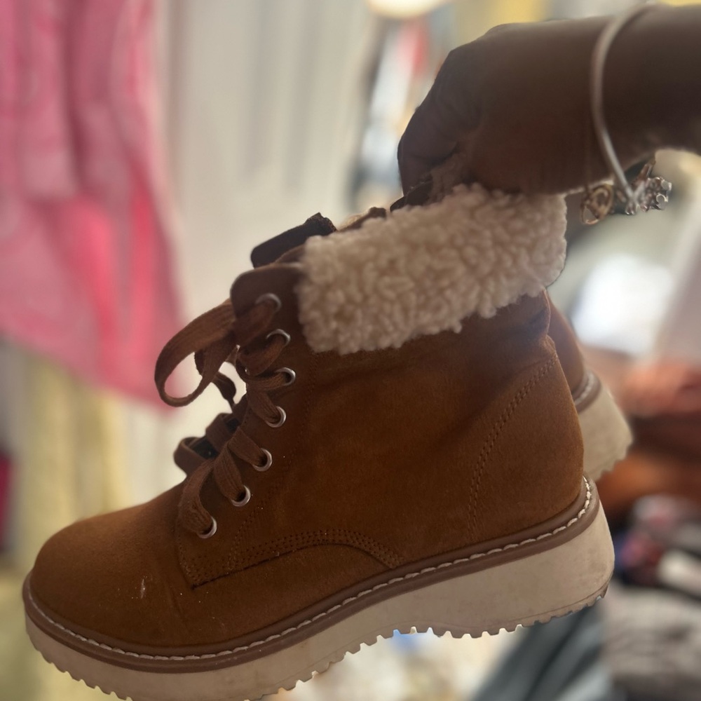 Brown Suede Ankle Boots with Shearling Trim